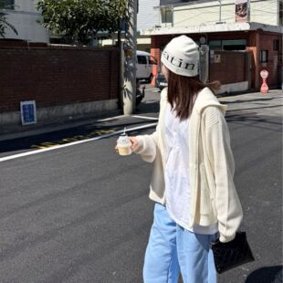 【斯图奶白色毛衣】连帽针织开衫女外套2026新款慵懒风韩系毛卫衣