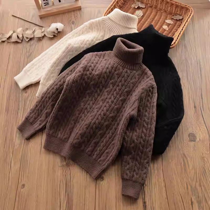 男童女童冬季保暖针织衫韩版儿童麻花编织毛衣加厚一体绒洋气线衣