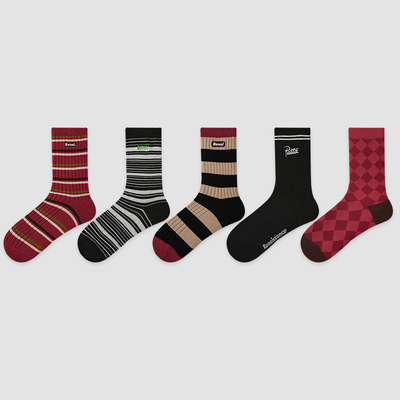 原创女袜复古风格子条纹撞色中筒袜5双礼盒装精梳棉袜子女