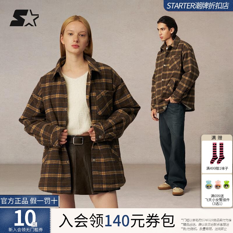 STARTER格纹棉服2025秋冬新款保暖女款衬衫男休闲运动上衣外套
