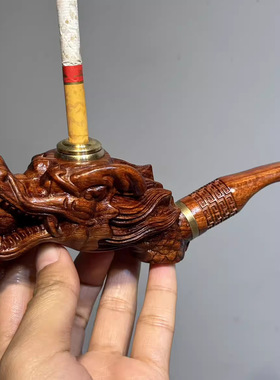 神龙紫檀实木老式雕龙烟斗两用手工精雕刻烟嘴拉杆过滤可清洗