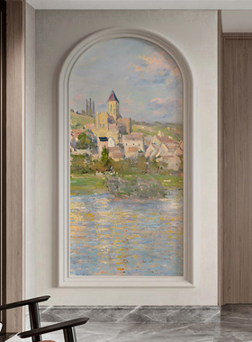 现代法式入户玄关装饰画轻奢竖版拱形走廊过道莫奈风景壁画3d壁纸