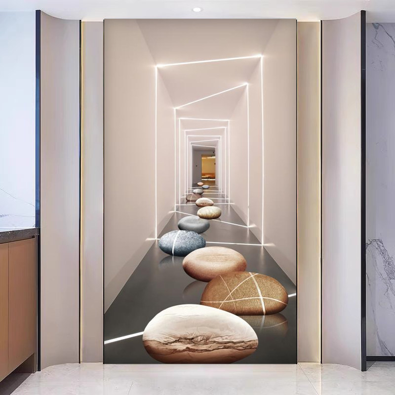 石来运转新款轻奢玄关进门墙壁纸客厅餐厅延伸视觉壁画隐形门墙布
