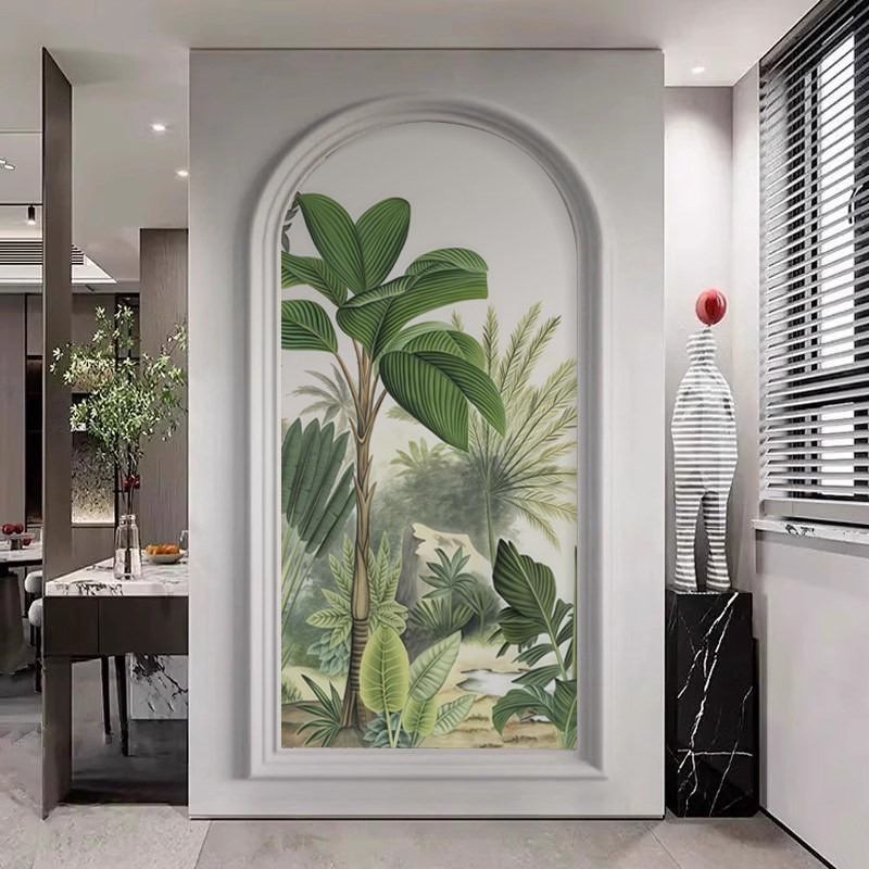 法式复古东南亚植物墙布入户玄关背景墙壁纸热带芭蕉壁画卧室墙纸