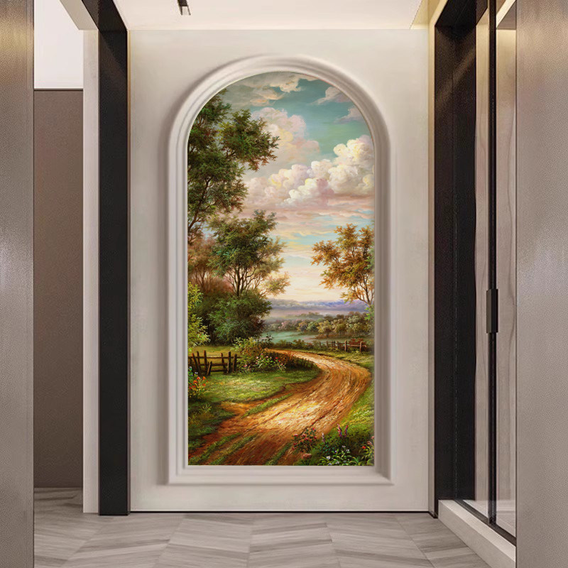 北欧玄关装饰画入户背景墙布美式走廊落地拱形风景现代风壁画防潮