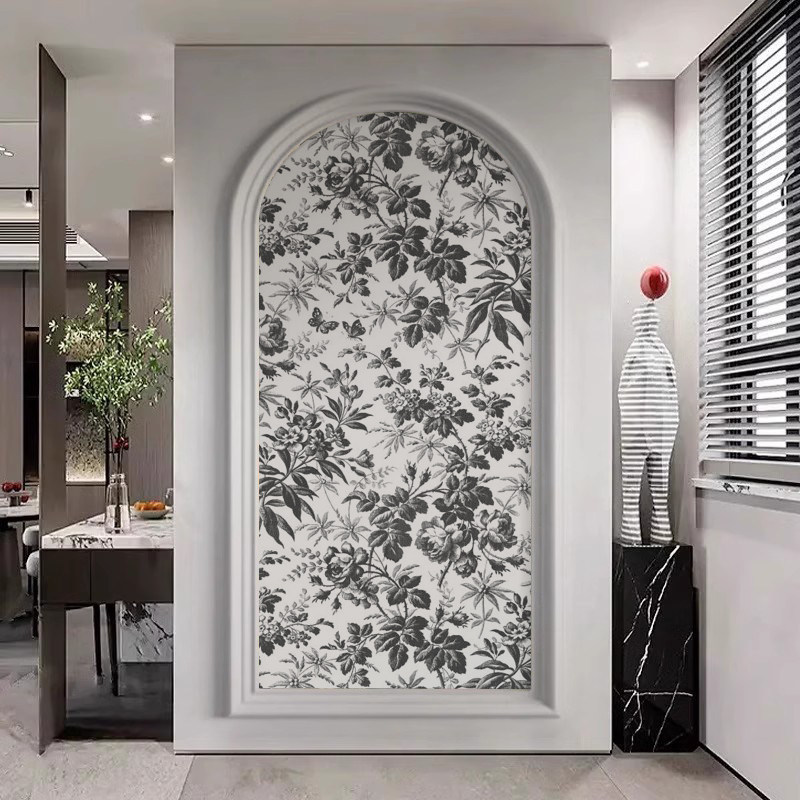 植物花卉美式复古怀旧艺术高级感玄关拱门装饰画墙布客厅卧室壁纸