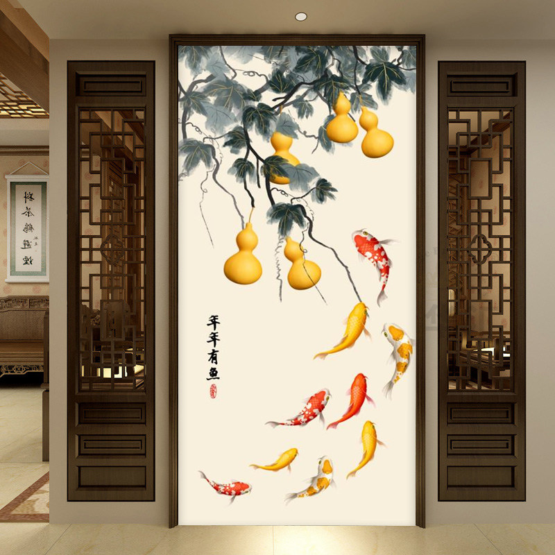 新中式五福临门玄关背景墙壁纸入户走廊过道九鱼图壁画客厅墙布3d