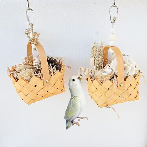 Parrot Bird Toys Wooden Veneer Woven Foraging Basket Tongue