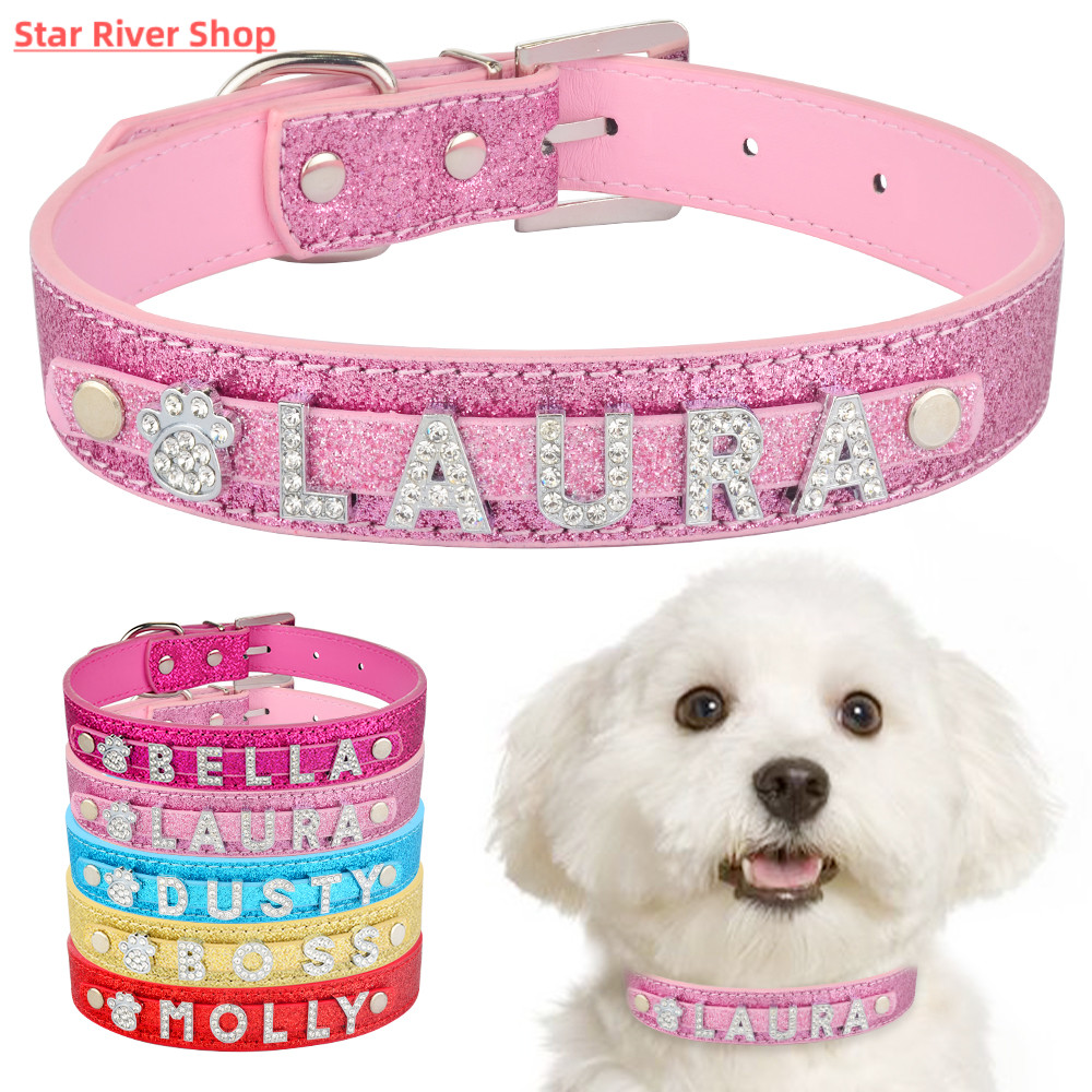 Personalized Dog Collar Leather Rhinestone Bling Charms Cust