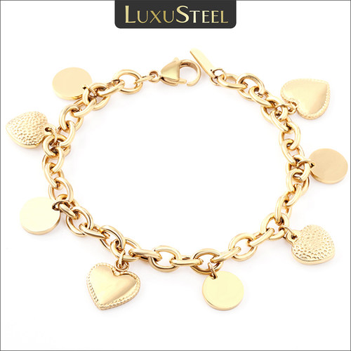 Stainless Steel Heart Coin Charm Bracelet for Women Girl Gol