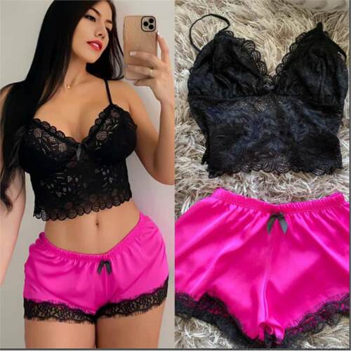 Women's pajamas 2-piece suit  sexy lace ice silk camisole