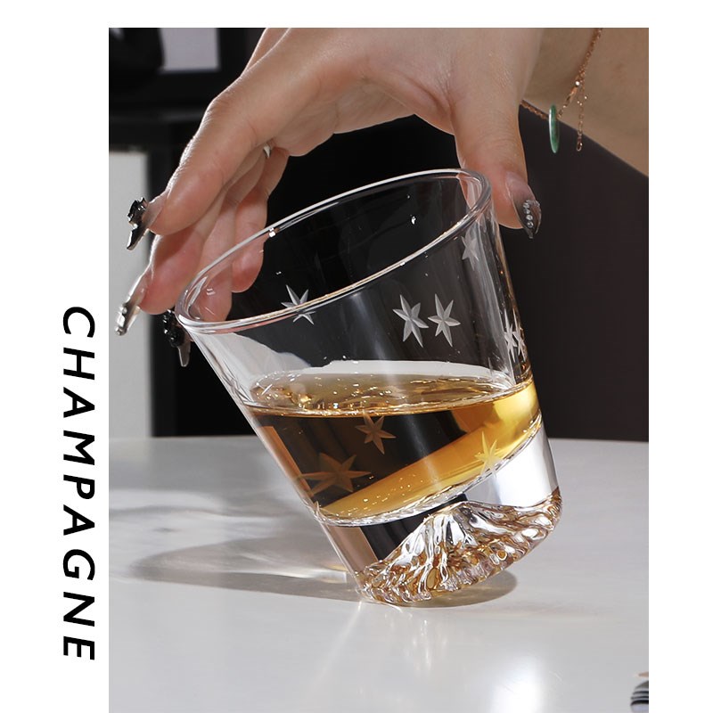 暗刻星星富士山杯 中古水晶玻璃威士忌杯vintage洋酒杯家用洋酒杯