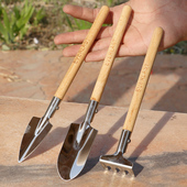 居家迷你园艺不锈钢三件套高档木柄小耙花铲多肉盆栽松土种植工具