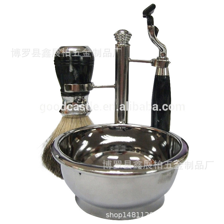 男士护理手动三层剃须刀除毛器獾毛起泡刷刮刀胡须刷支架不锈钢碗
