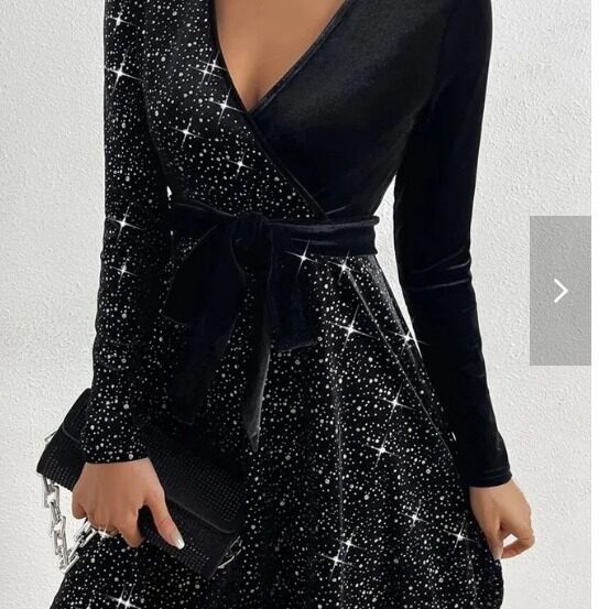 Sequin velvet dress欧美秋冬新款女装纯色性感亮片天鹅绒连衣裙