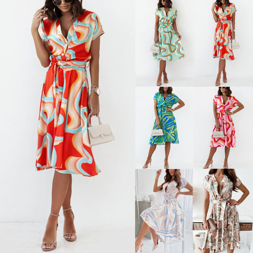 printed waist dress女装夏季欧美风时尚气质印花短袖V领连衣裙