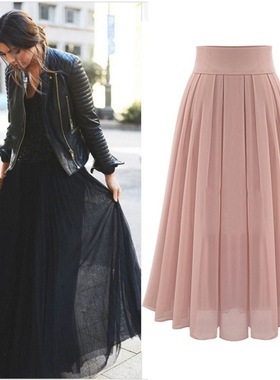 New European and American plus size skirt长款百褶高腰半身裙