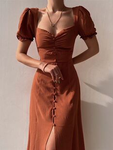 欧美春夏V领单排扣气质中长款连衣裙Women Elegant V-neck dress