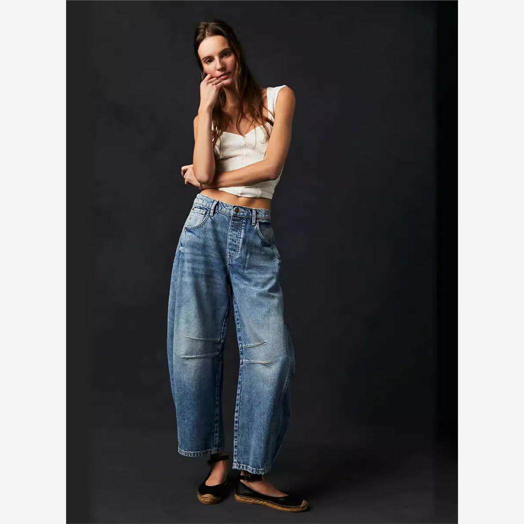 Spring jeans2024春夏欧美春女士休闲宽松中腰个性设计筒形牛仔裤