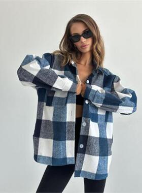 Women 2022 Fashion INS Style Loose Plaid Long Sleeve Jacket