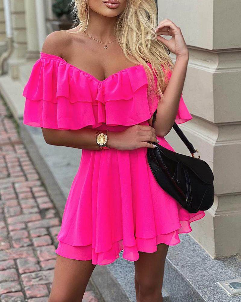 Off Shoulder Ruffle Fit Flare Dress一字肩荷叶边连衣裙女