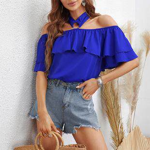 Short sleeved shirt夏季女装V领收腰挂脖露肩荷叶边显瘦短袖上衣