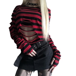 Personality Striped Long Sleeve Top Dark Street Trend Hole