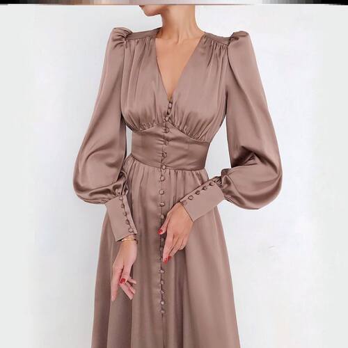 Lantern Sleeve Dress women 灯笼袖气质礼服裙日常可穿绸面长裙
