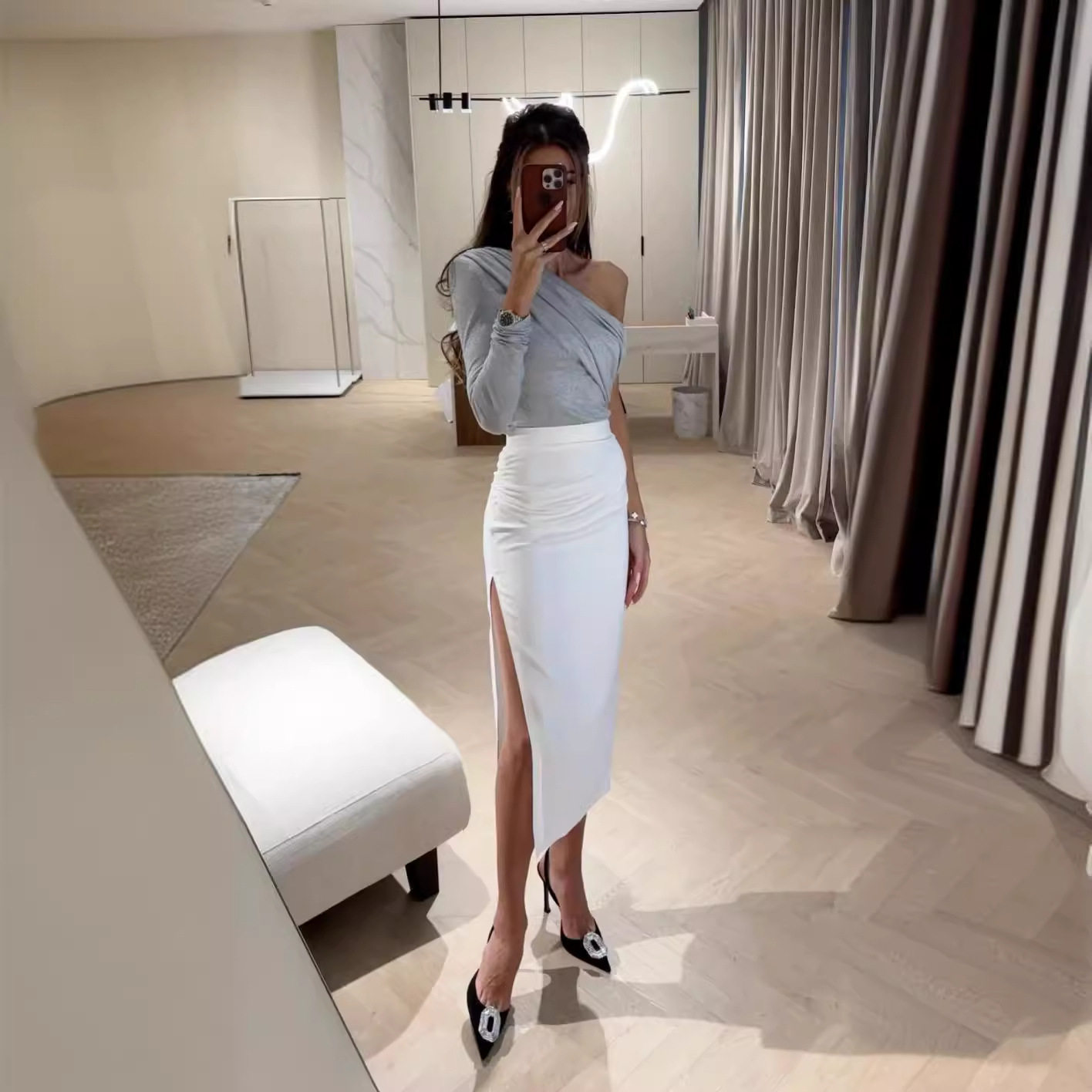 Women's two-piece set女新款春弹力单肩长袖打底T恤衫修身半身裙