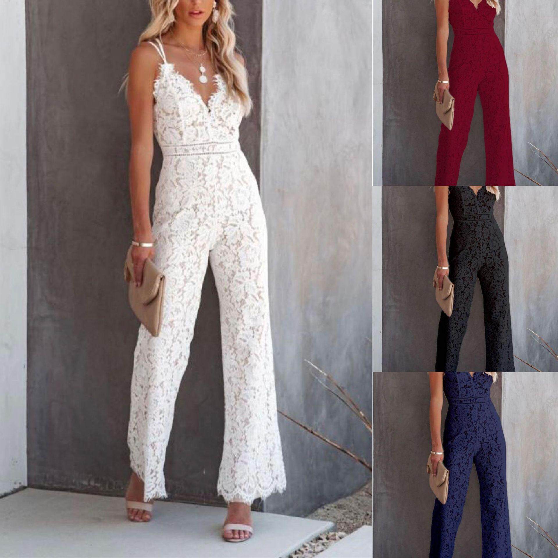 Suspenders jumpsuit 2023夏季款纯色蕾丝拼接无袖休闲吊带连体裤