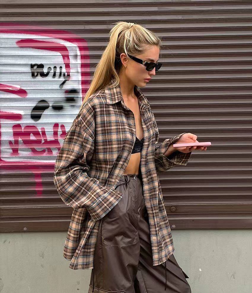 欧美风新款复古撞色格纹衬衫设计感宽松女衬衣 Loose plaid shirt