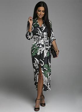 V-neck strapping dress秋季女装气质印花开衫长袖V领绑带连衣裙