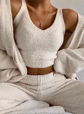 Women solid color v-neck plush short vest pants two-piece