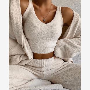 short piece color two pants vest plush neck solid Women