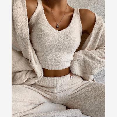 Women solid color v-neck plush short vest pants two-piece