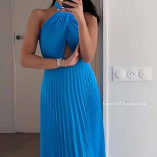 欧美时尚经典女装气质挂脖抹胸吊带压皱连衣裙蓝色度假长裙夏季新