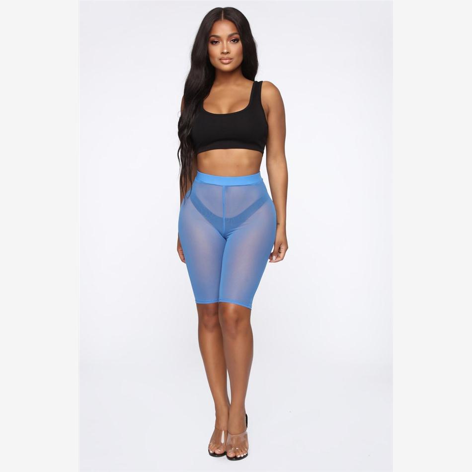 Sexy Perspective Capris欧美女装夏季修身后皱褶性感透视五分裤