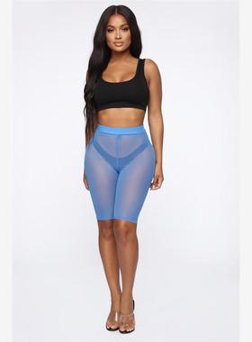 Sexy Perspective Capris欧美女装夏季修身后皱褶性感透视五分裤