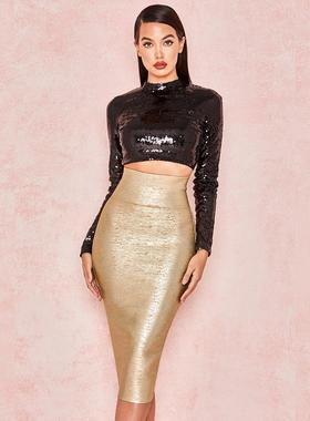 烫金半身裙 Women Bandage Skirts Sexy  Runway Party Skirt
