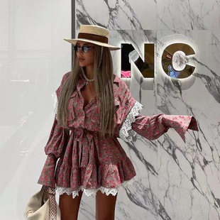 floral 欧美风翻领系带碎花拼接连衣裙Flip lace dress collar