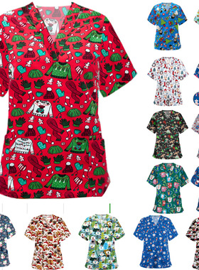 2021 nurse outfit Christmas print shirt v-neck short-sleeved