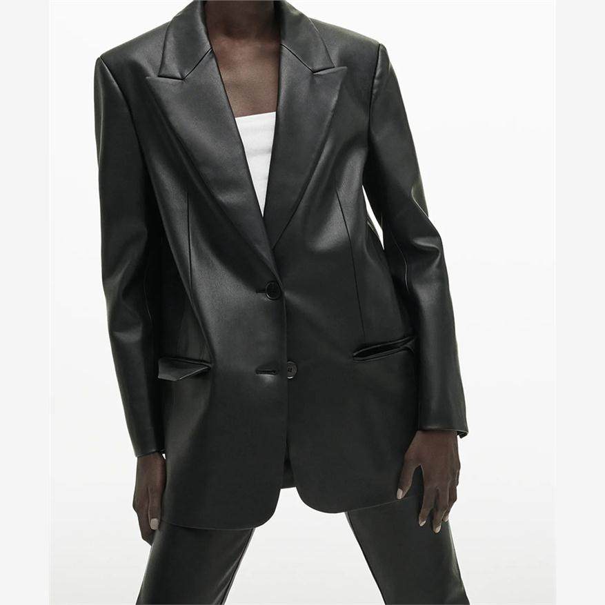 Fashion casual leathersuit欧美新款女装纯色领时尚休闲皮衣西装