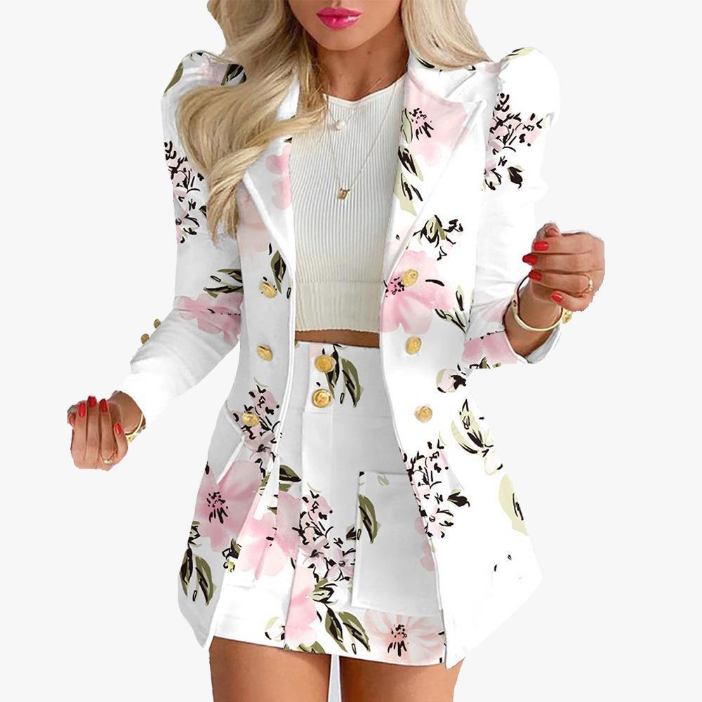 Two piece suit set女装新款欧美时尚气质修身短裙印花西装两件套