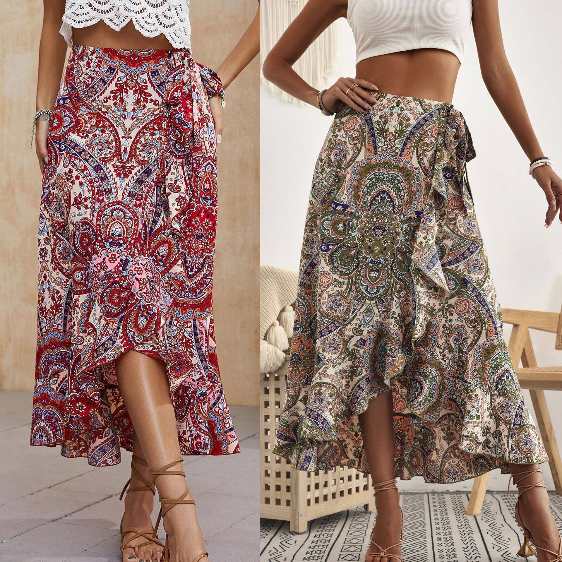 2022 women's  long irregular ruffled skirt printed fashion