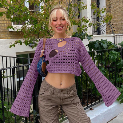 Women Fashion Sexy Irregular Hole-cut Knitted Blouse Sweater