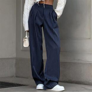Women's INS High Waist Tube Wide Leg Pants Navy Blue Stripe