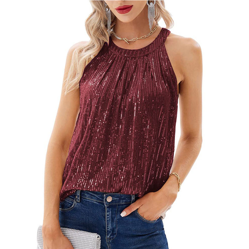 Sequin halter vest欧美夏季新款女式时尚亮片吊带派对挂脖背心