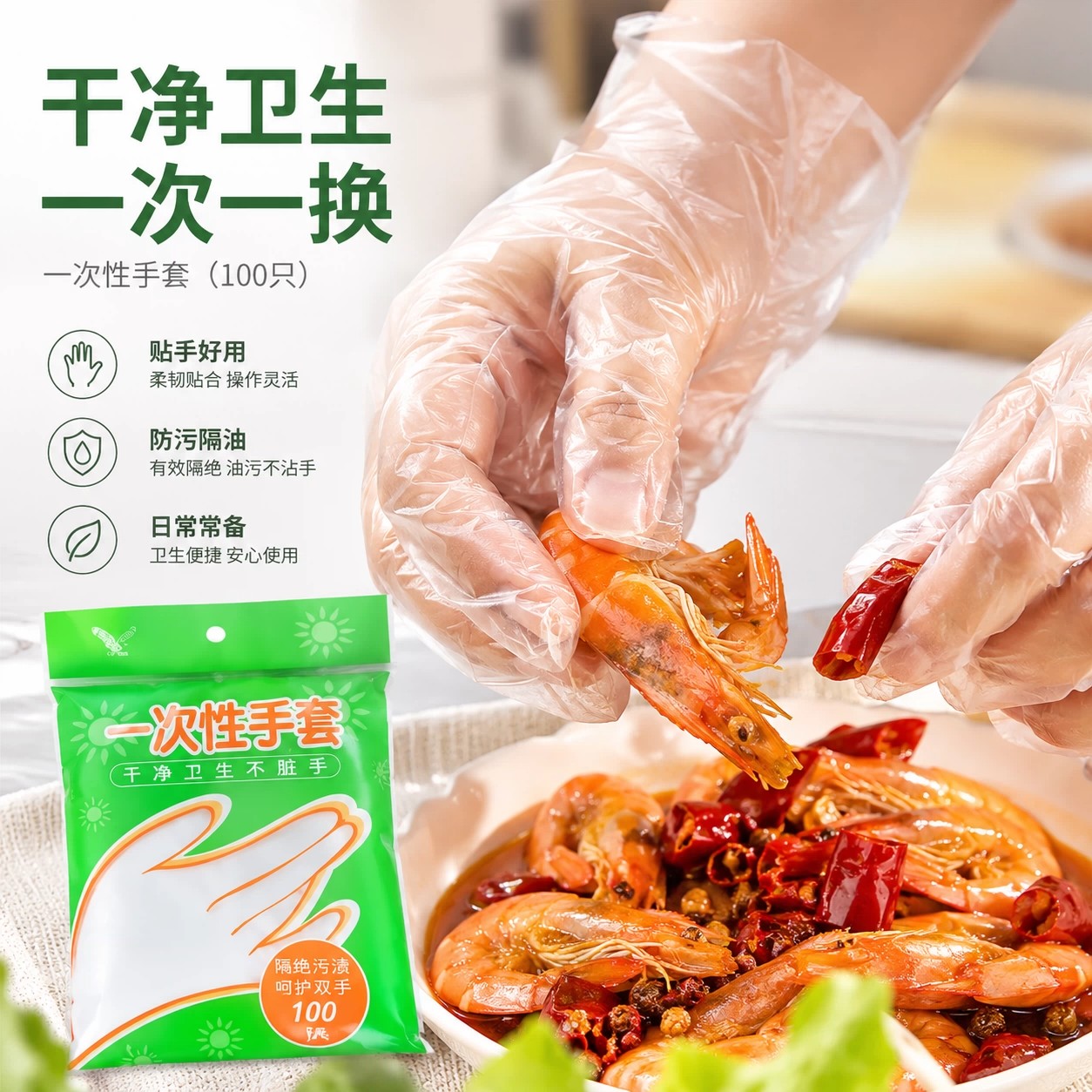 家用洗碗餐饮透明一次性手套发卫生厨房烧烤PE塑料薄膜手套批发