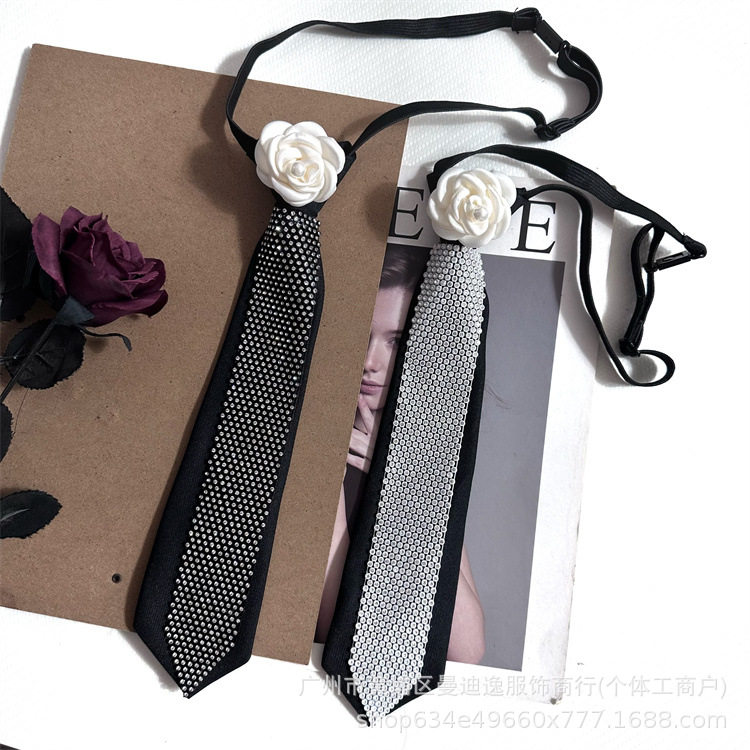 jk小众领带黑色女士学院风制服水钻山茶花朵免打衬衫配饰装饰女生