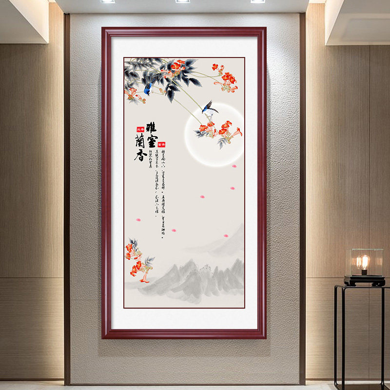 新中式花鸟国画入户客厅玄关装饰画走廊竖版书房背景墙过道挂壁画
